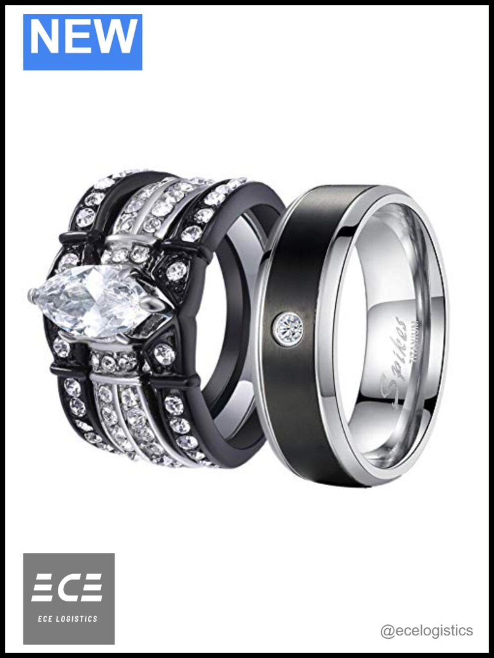 His and Hers Wedding Ring Set Titanium Stainless Steel Marquise Cubic Zirconia